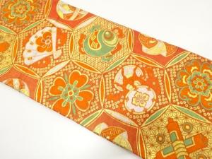 アンティーク　丸に宝尽くし・鼓・花模様織り出し子供帯（着用可）